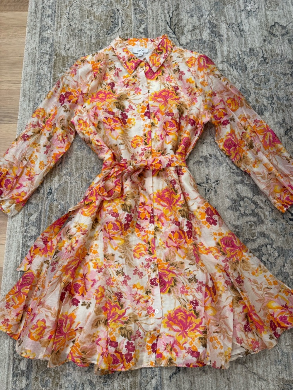 CeCe Spring Floral Button-Front Dress in Pink, Yellow & Cream